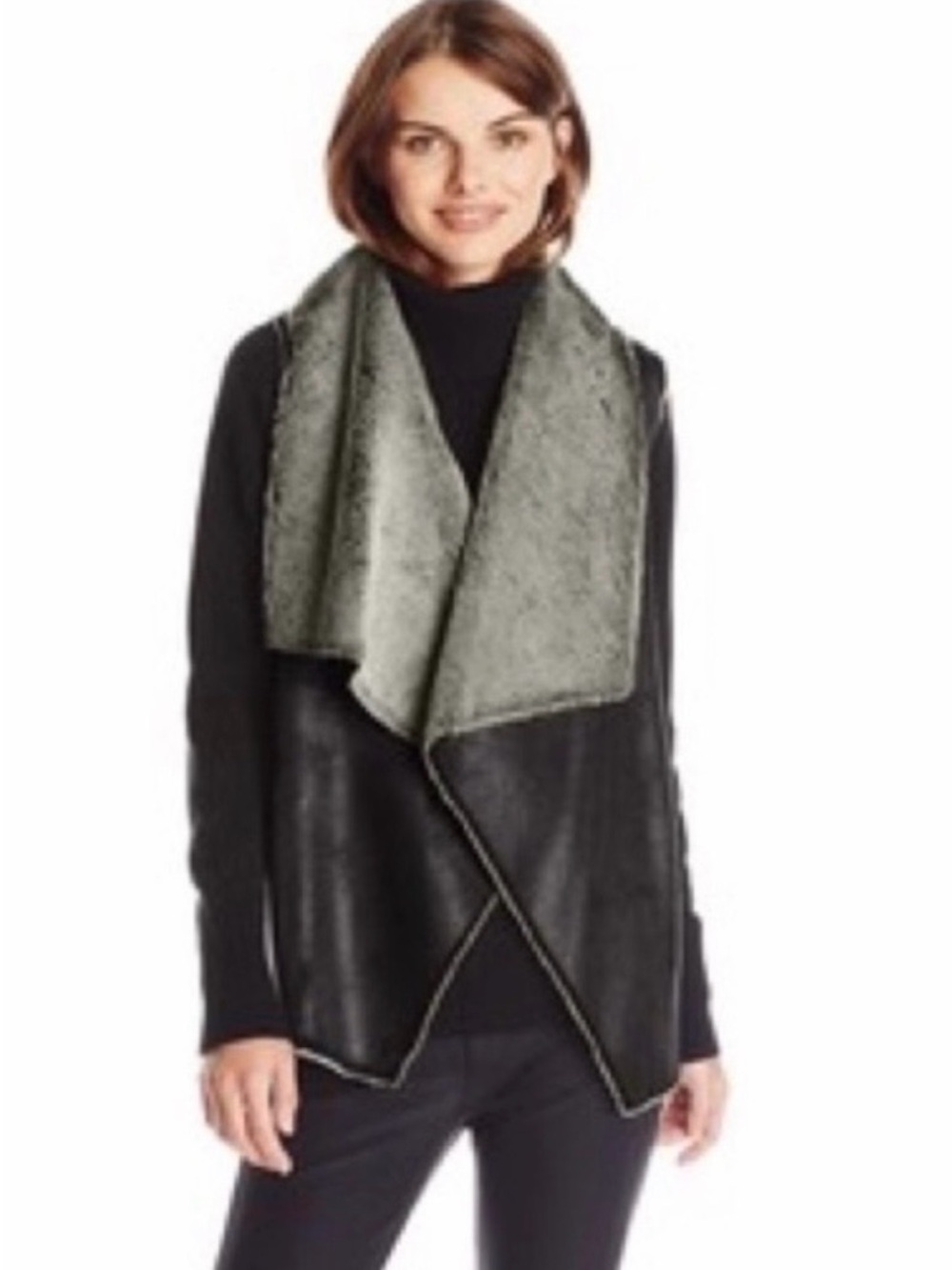Marc New York by Andrew Marc Black Faux Sherpa Fur Open Vest Small